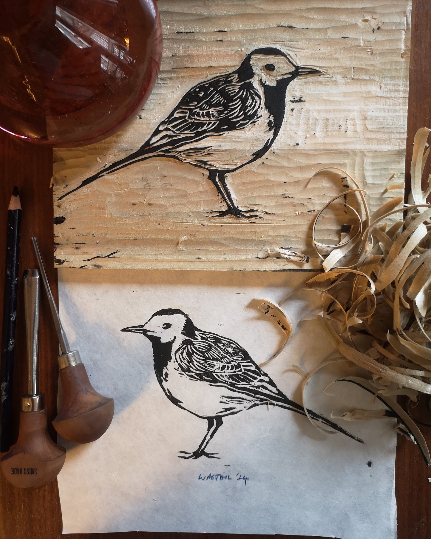Wagtail woodcut print card (Scanned, from original)