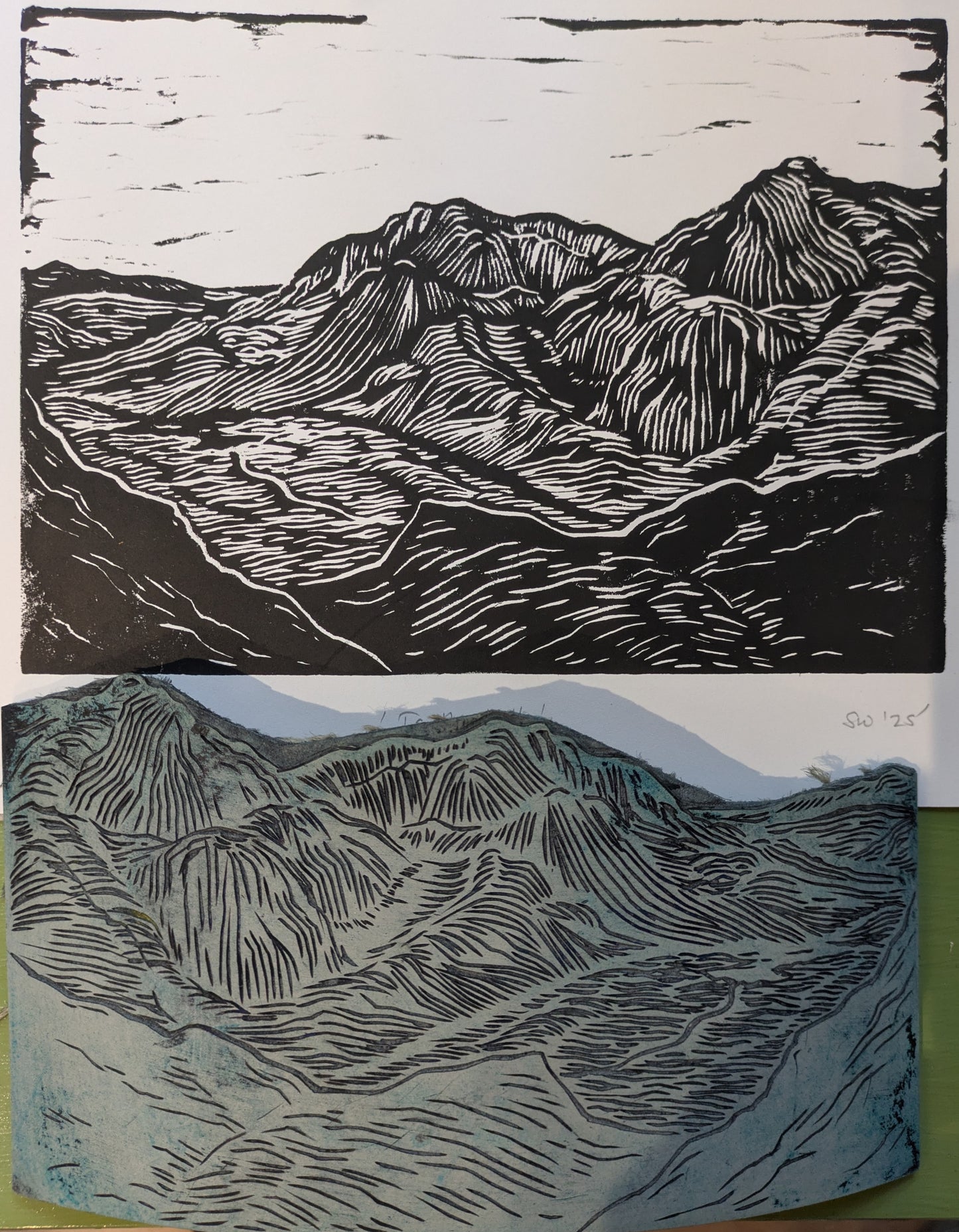 To the hills again, linoprint (original, hand-printed)