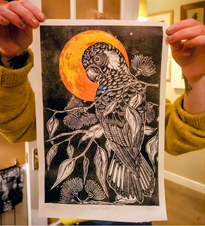 Black Cockatoo linoprint (Original, hand-printed)