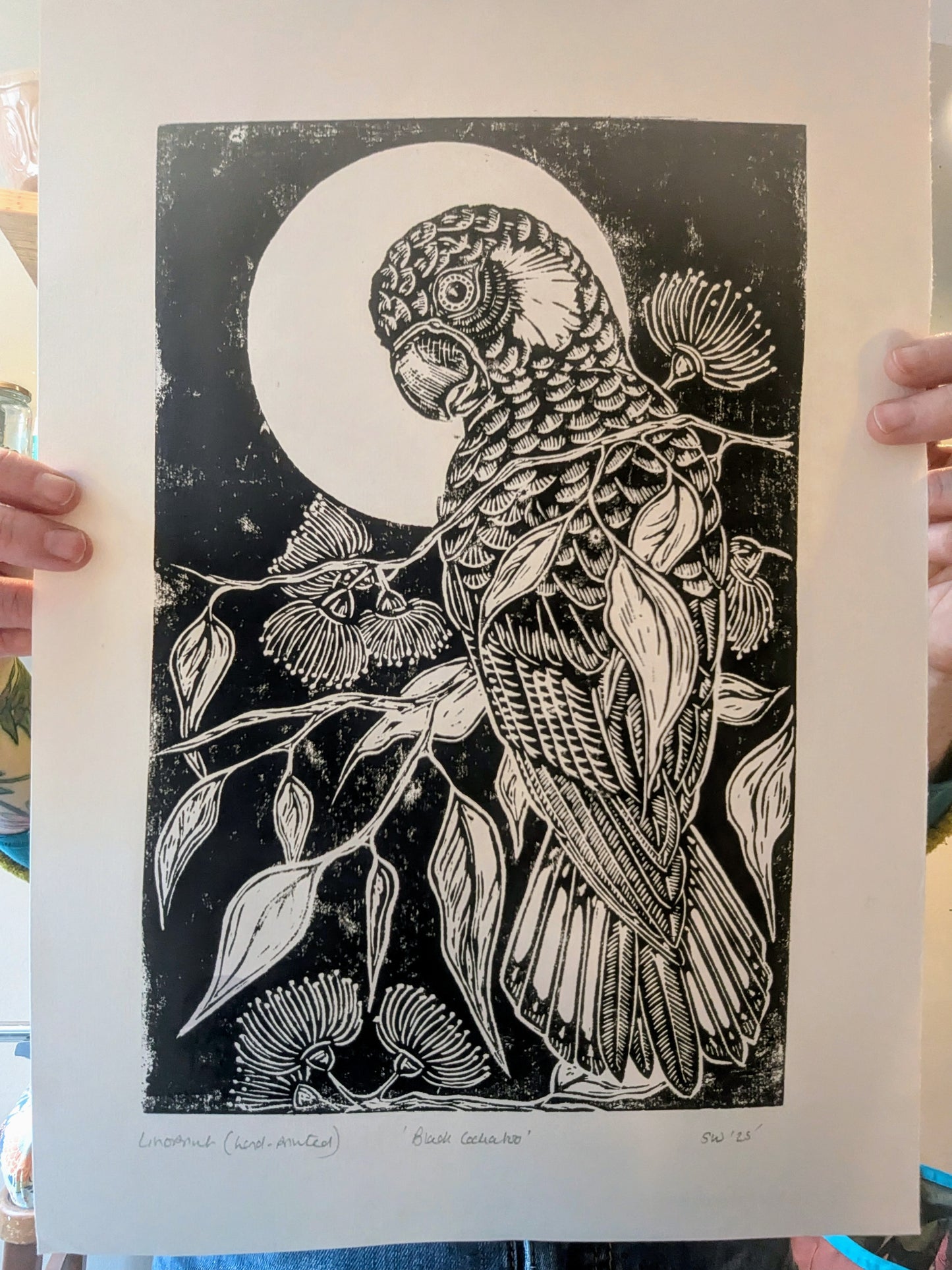 Black Cockatoo linoprint (Original, hand-printed)