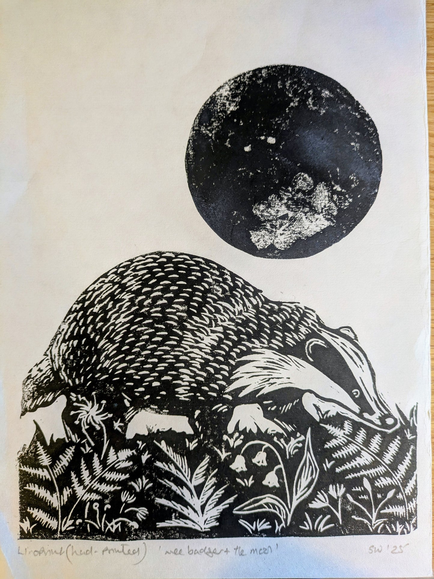 Badger and moon linoprint (Original, hand-printed)