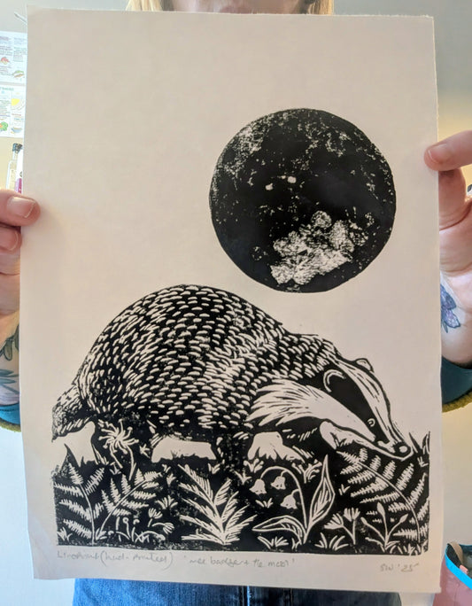 Badger and moon linoprint (Original, hand-printed)