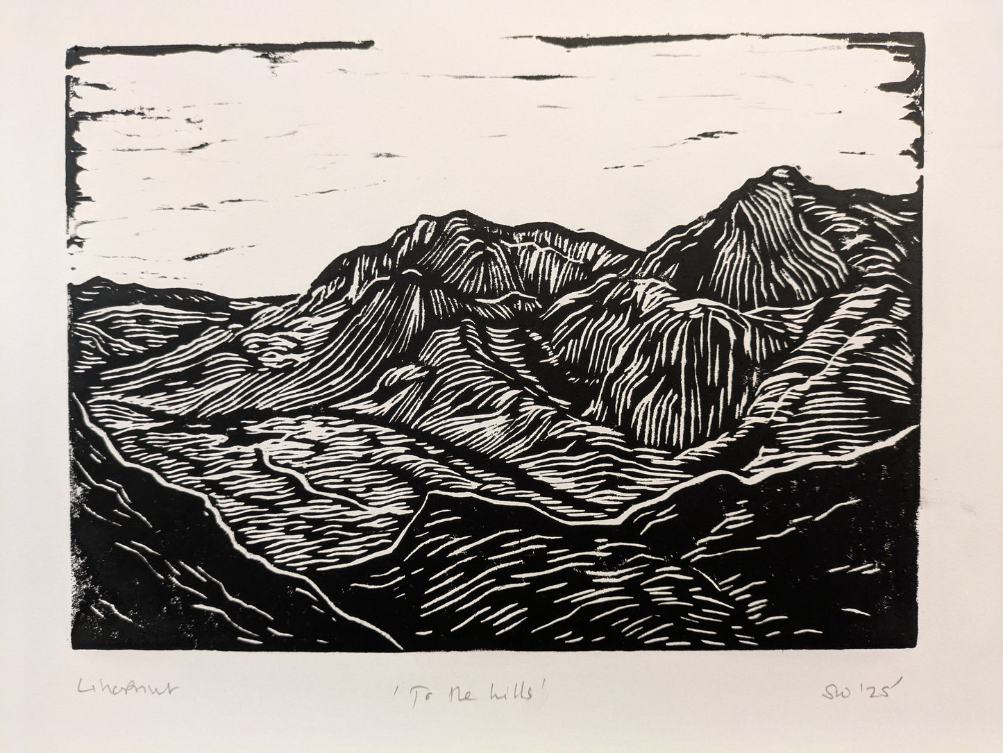 To the hills again, linoprint (original, hand-printed)