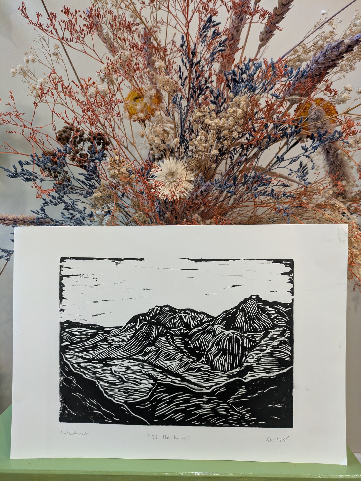 To the hills again, linoprint (original, hand-printed)
