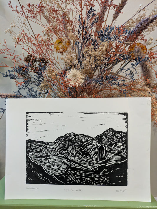 To the hills again, linoprint (original, hand-printed)