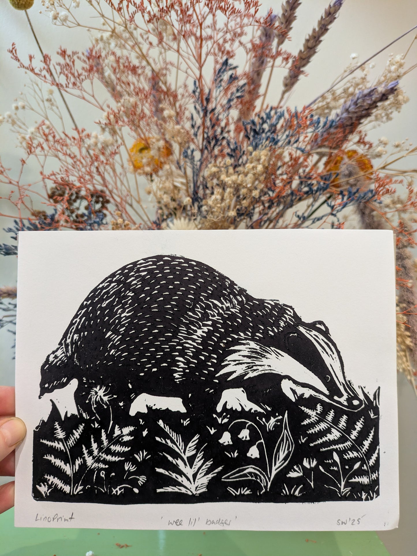 Wee Badger linoprint