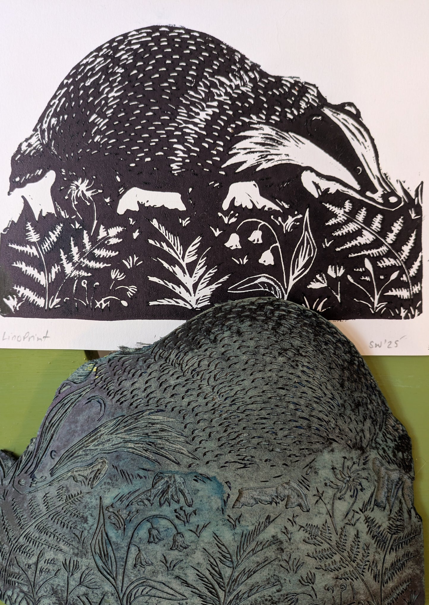 Wee Badger linoprint