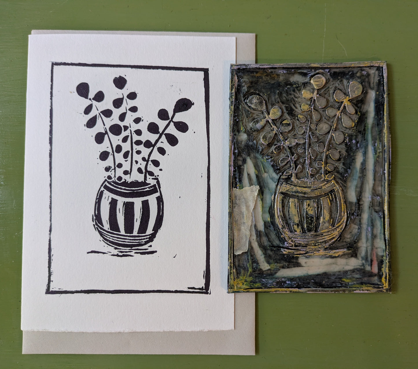 Pot plant linoprint card
