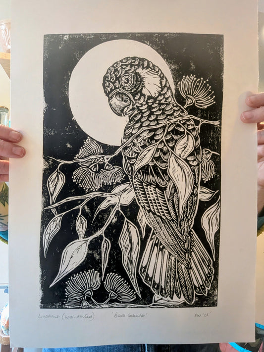 Black Cockatoo linoprint (Original, hand-printed)